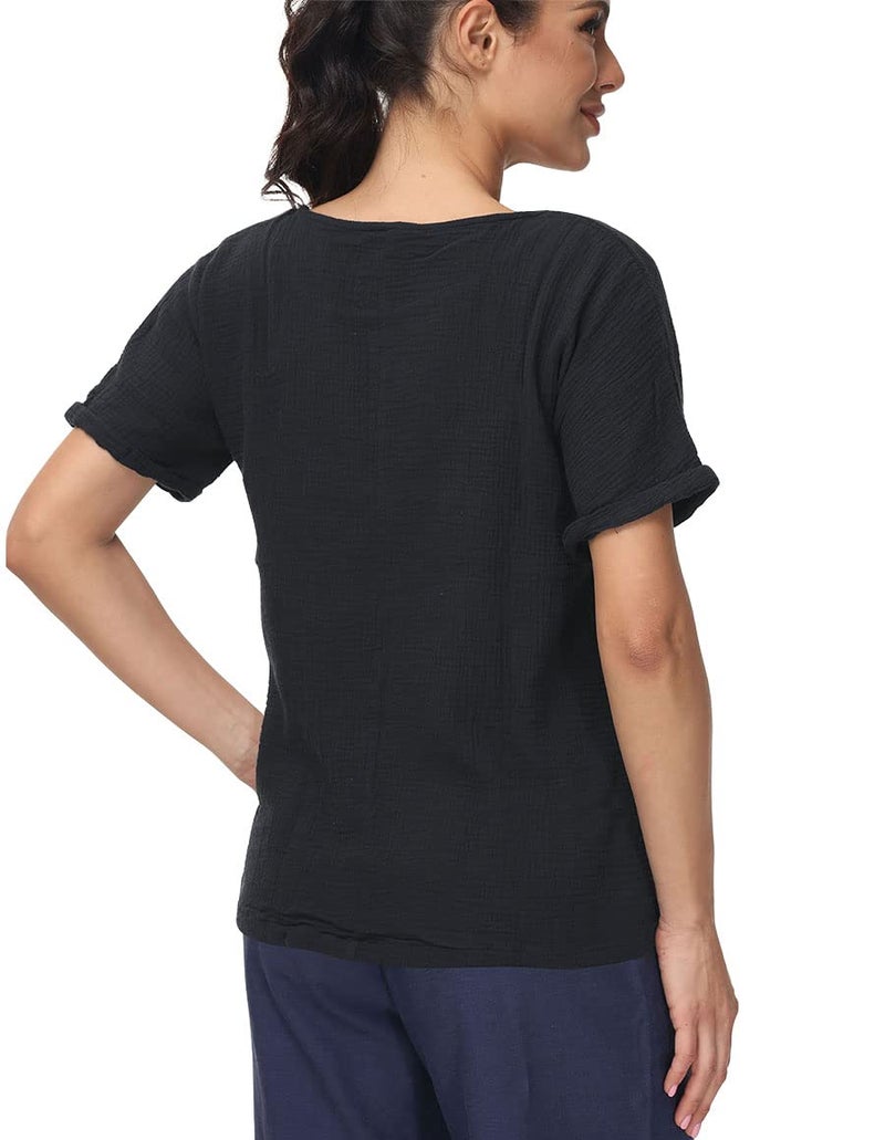 Soojun Women's Solid Round Collar Linen Tops Patchwork Shirts Blouses Black, Medium - Image 2